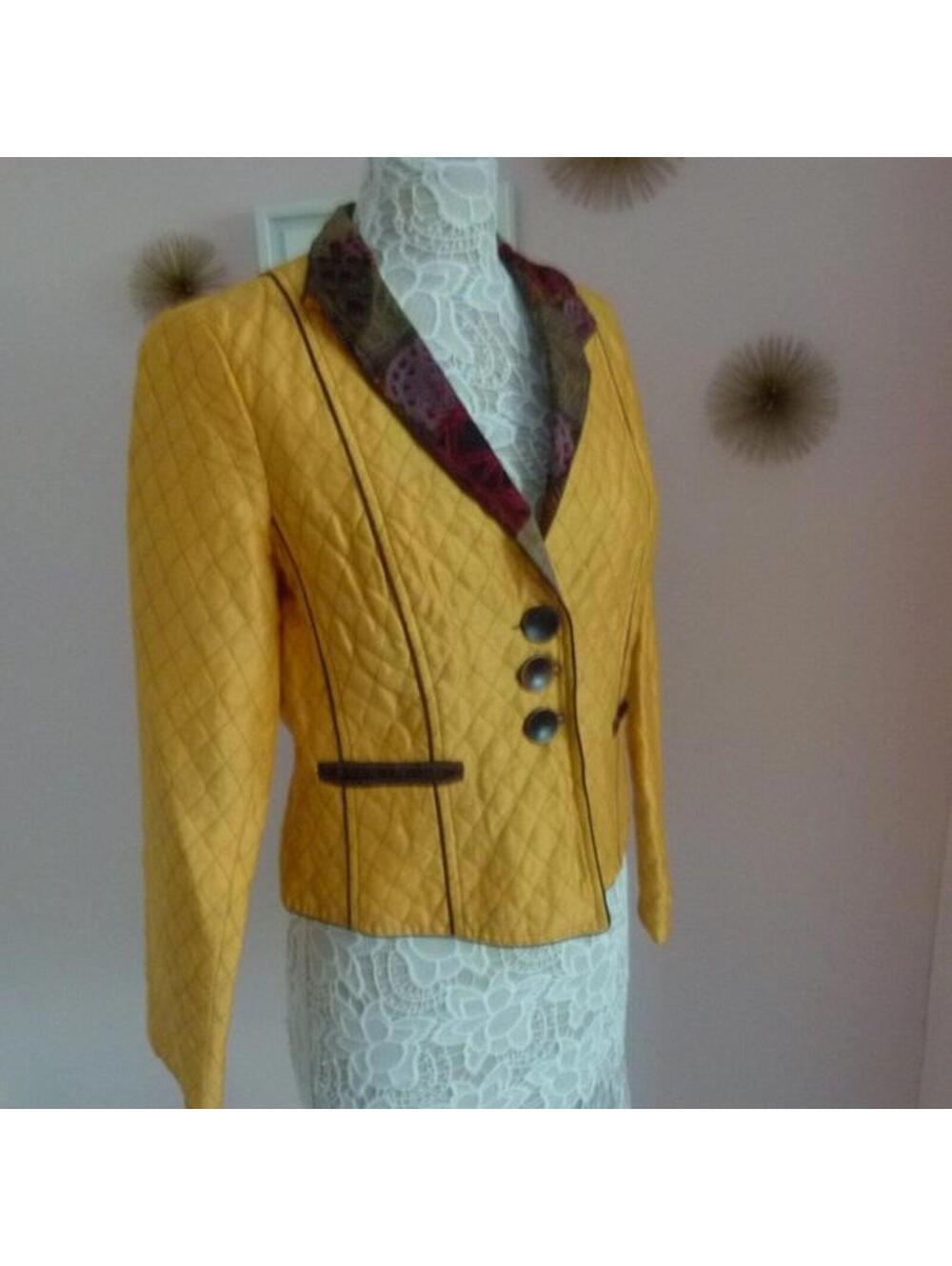 Canvasbacks Quilted Yellow Blazer Jacket Women's Size 12 Paisley Trim EUC